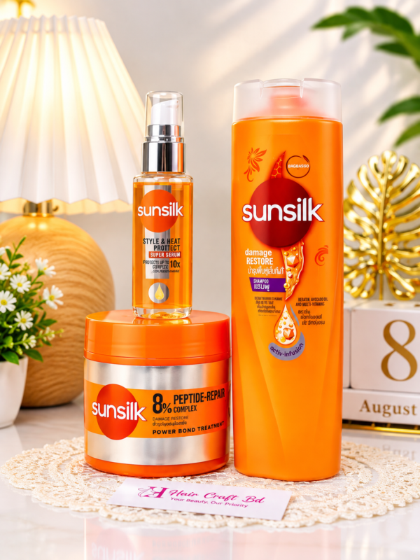 Sunsilk Damage Restore Shampoo and Power Bond Treatment with 8% Peptide-Repair Complex in a 250ml &Sunsilk Style & Heat Protect Super Serum 45 ml Combo