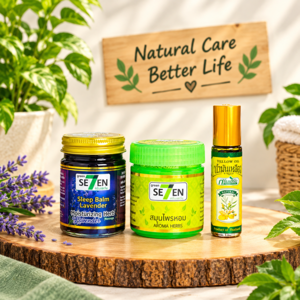Green Seven Aroma herbs10gm and Sleeping Balm Lavender 50gm & Green Herb Yellow Medicated Oil 8cc Combo