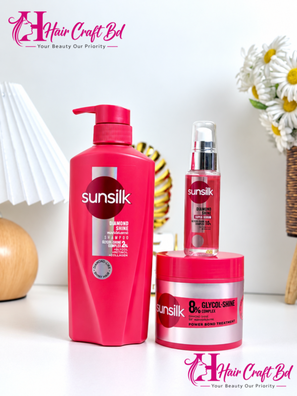 Sunsilk Diamond Shine Shampoo 325ml & Sunsilk 8% Glycol-Shine Complex Diamond Shine Power Bond Treatment (250 ml) and  Diamond Shine serum 45ml