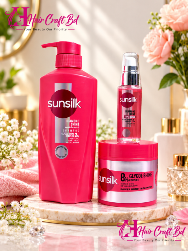 Sunsilk Diamond Shine Shampoo 325ml & Sunsilk 8% Glycol-Shine Complex Diamond Shine Power Bond Treatment (250 ml) and  Diamond Shine serum 45ml