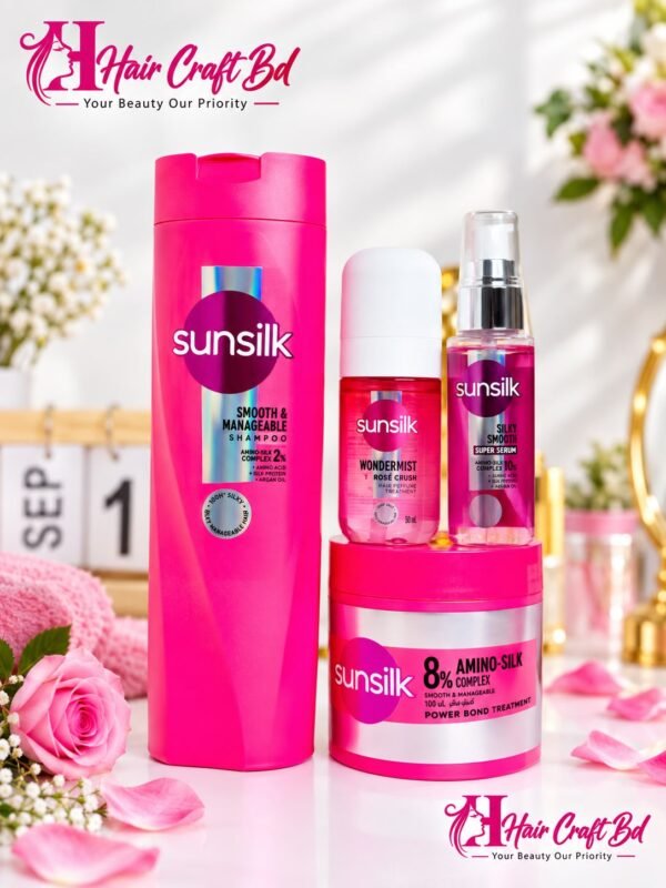 Sunsilk Smooth & Manageable Shampoo and Power Bond Treatment 250ml&Silky Smooth Super Serum (45ml) And  Wondermist Rose Crush Hair Perfume 50ml